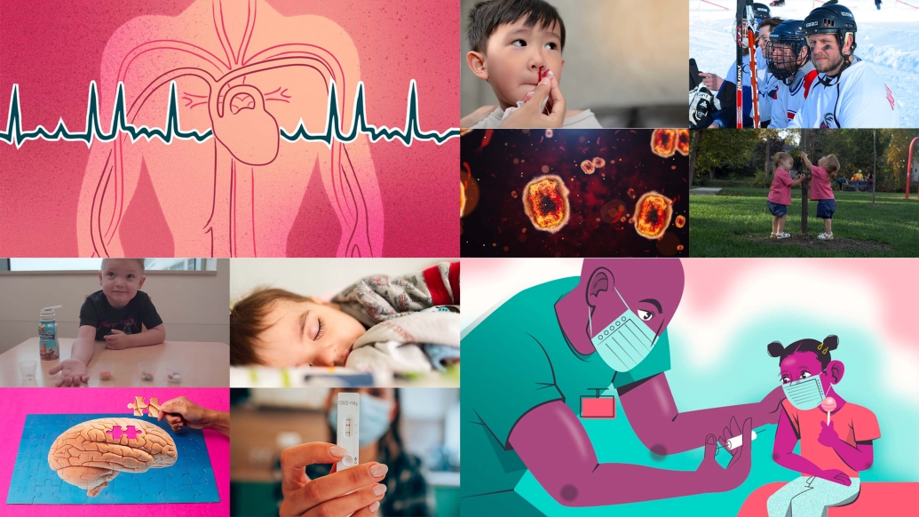 collage of photos like kid with bloody nose heart rythm ontop of a body, doctor cartoon helping patient, kid lying down sick and more.