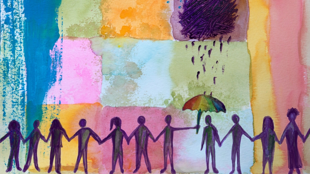 Watercolor Painting People Rain Umbrella