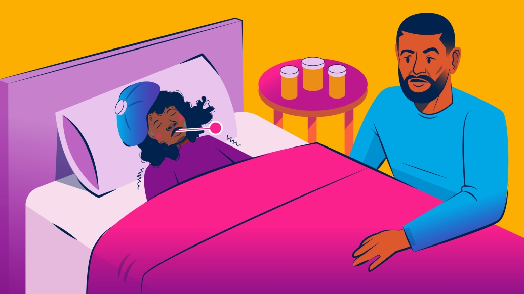 parent at bedside with sick kid in bed with head cooler and thermometer 