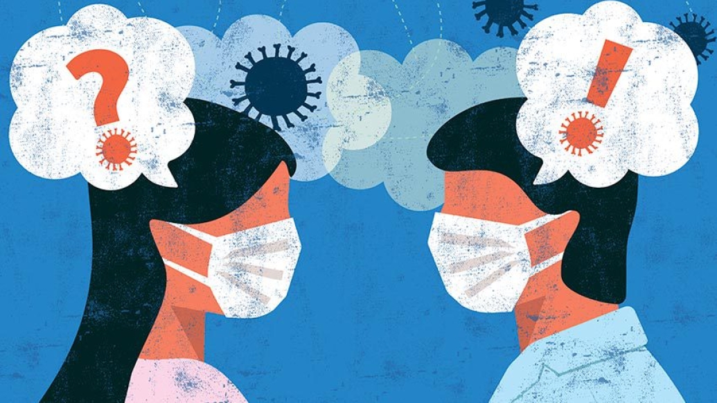 people talking with masks on with question bubble and exclamation bubble above their heads