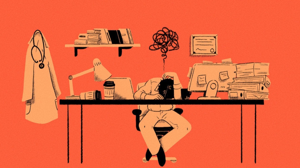 Doctor with head on desk in office lab coat hanging orange background