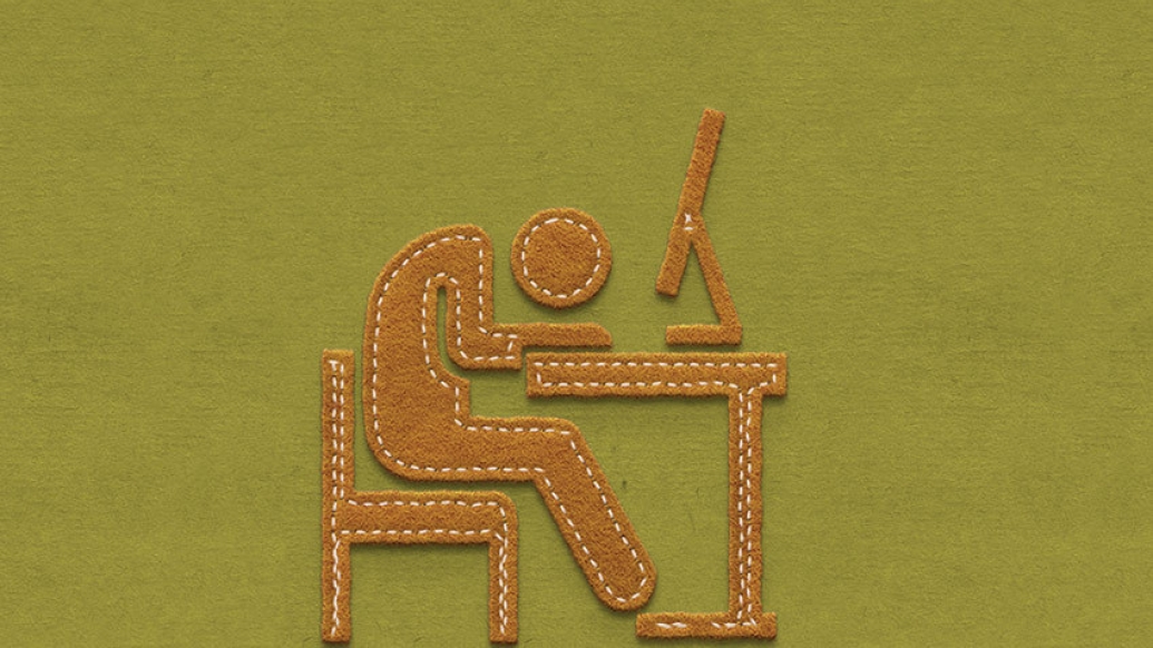 felt person leaning down on desk tired muted yellow and green