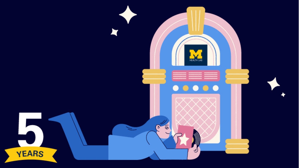 Girl on blue background with record and pink jukebox