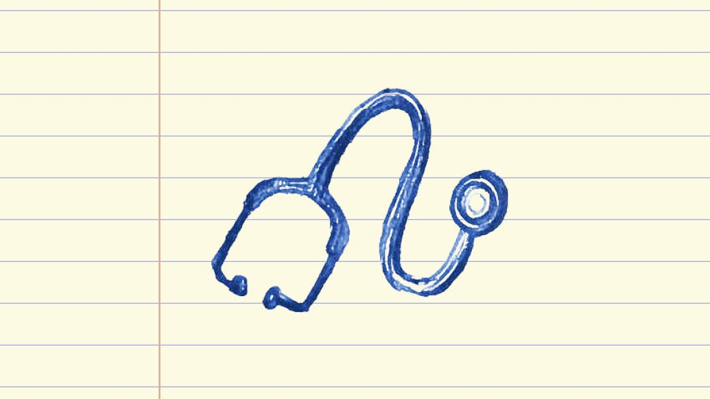 stethoscope drawing in blue ink on lined notepad paper