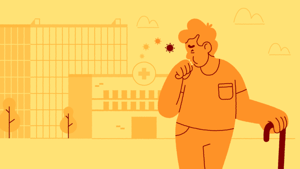 man coughing with cane leaving hospital in orange colors