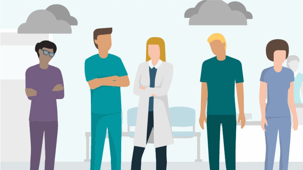 Residents standing near one another with clouds over some