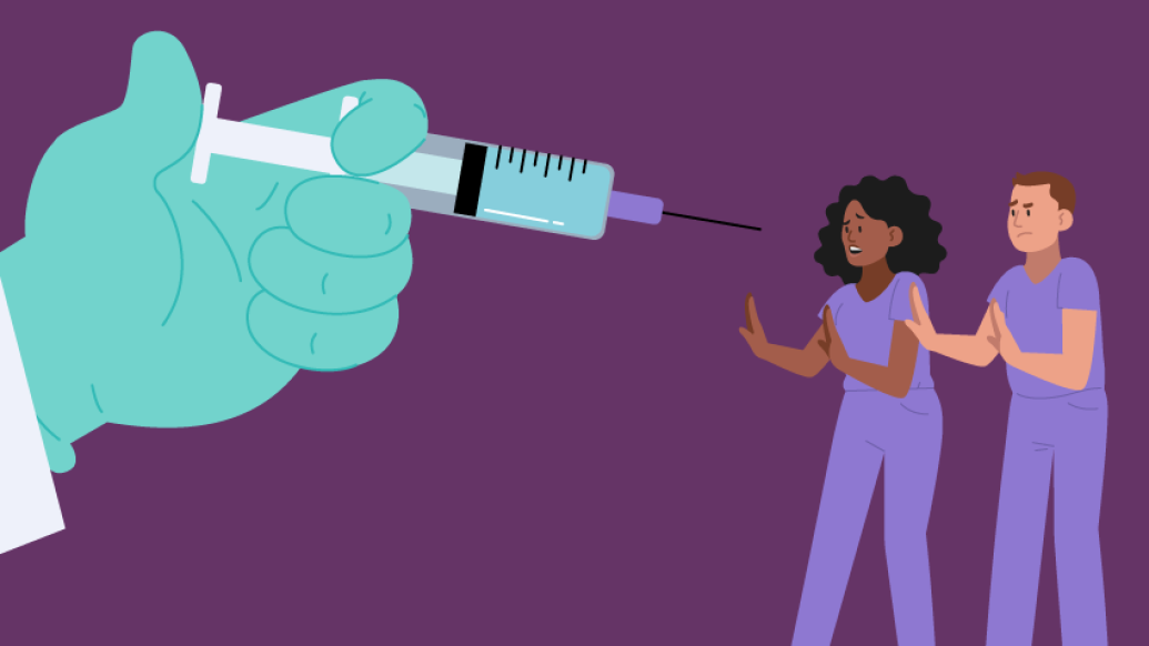 nurses retreat from glove hand with vaccine