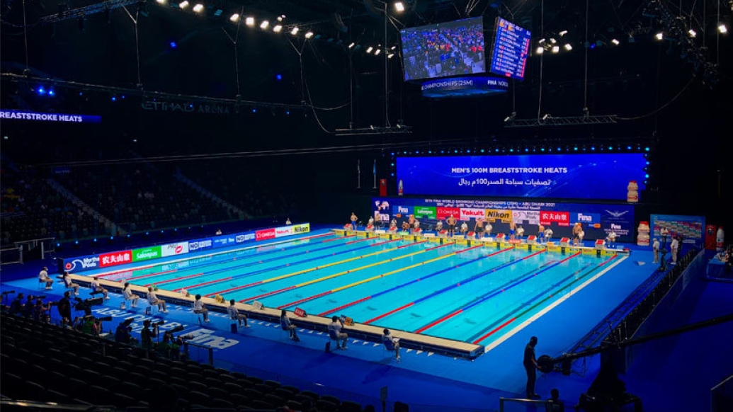 stadium swim pool water lights in dark on
