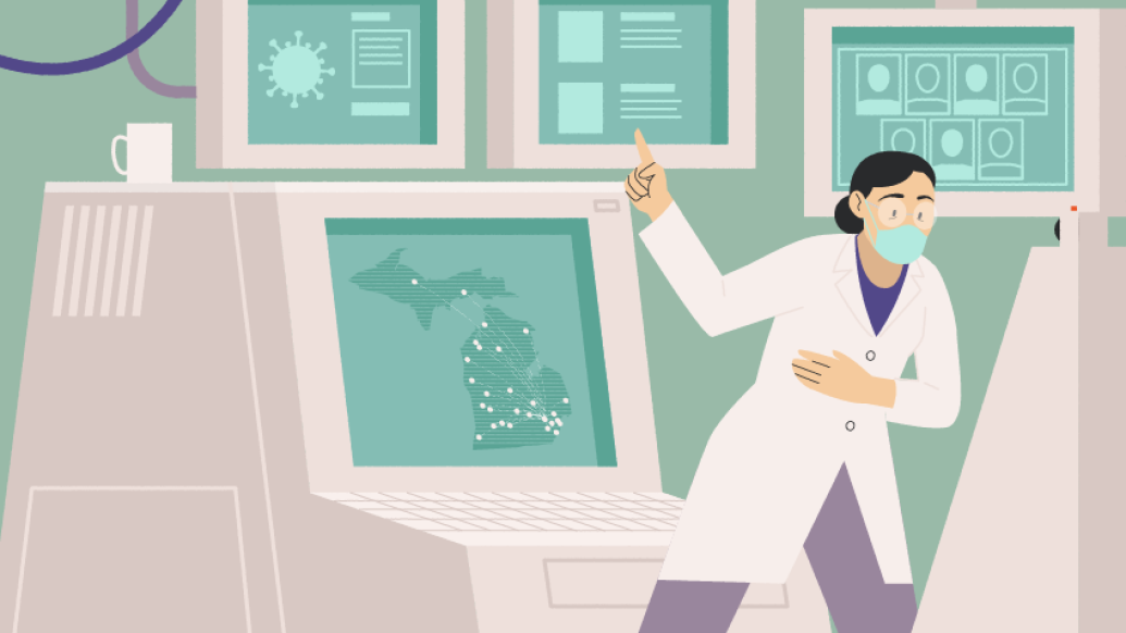 super computer with scientist in front of it showing COVID michigan data