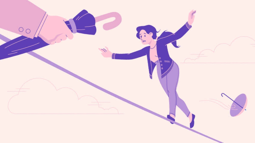 Woman walking on purple tightrope hand holding umbrella purple pink and off white color