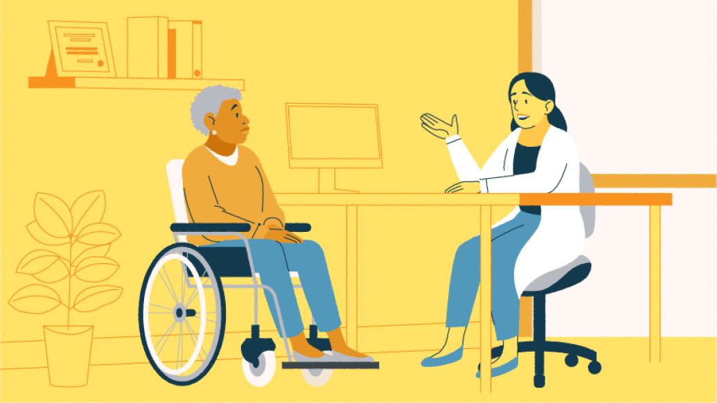 woman wheelchair doctor office therapy