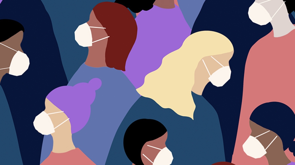 graphic of women walking around with masks on of different backgrounds