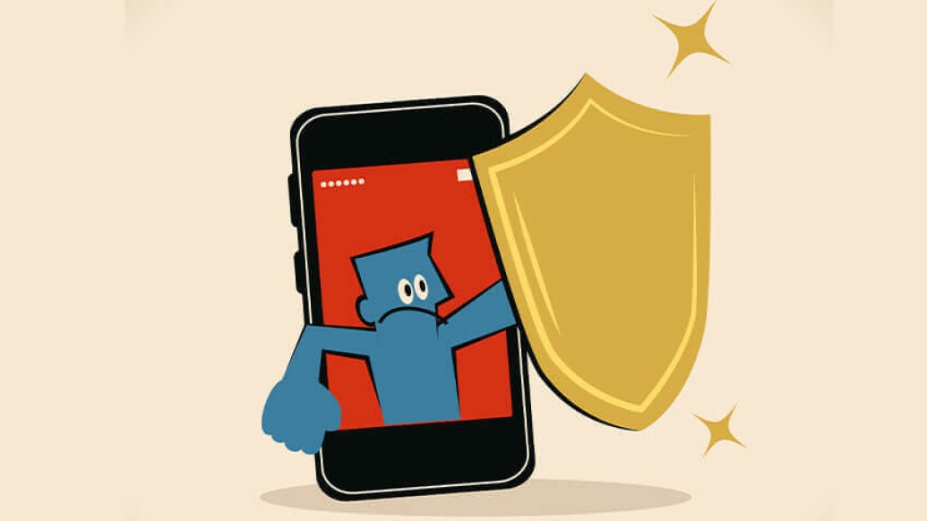 Blue animated guy on cellphone with shield protecting oneself.