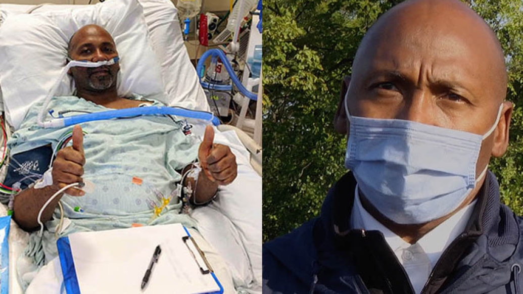 man in hospital bed on left and the same man recovered on right talking with mask on