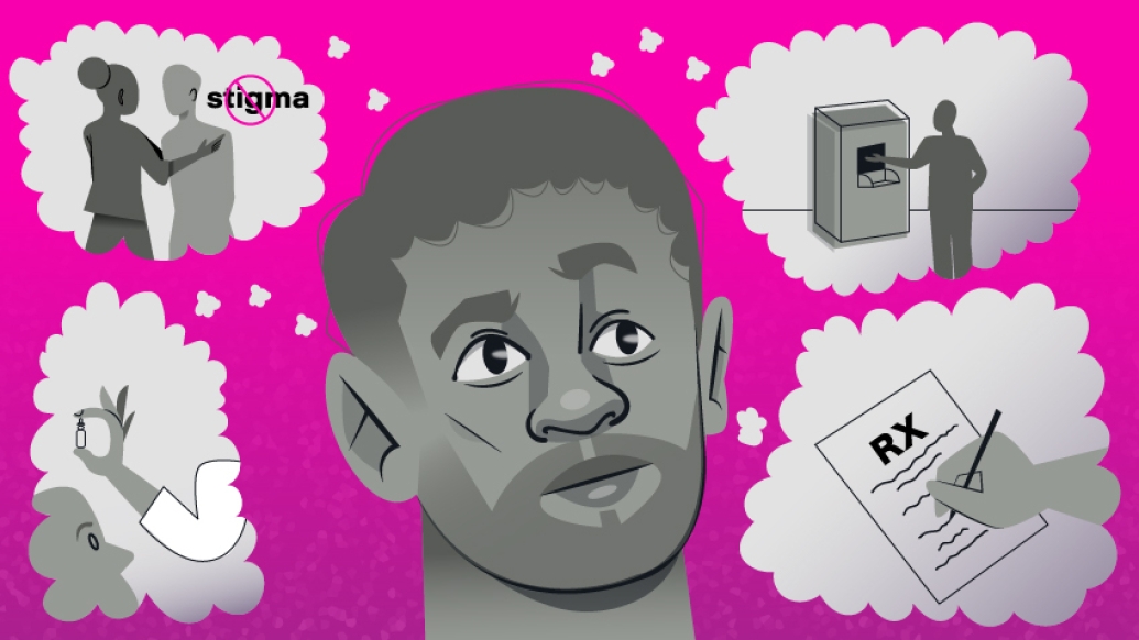 man looking at bubbles pink background