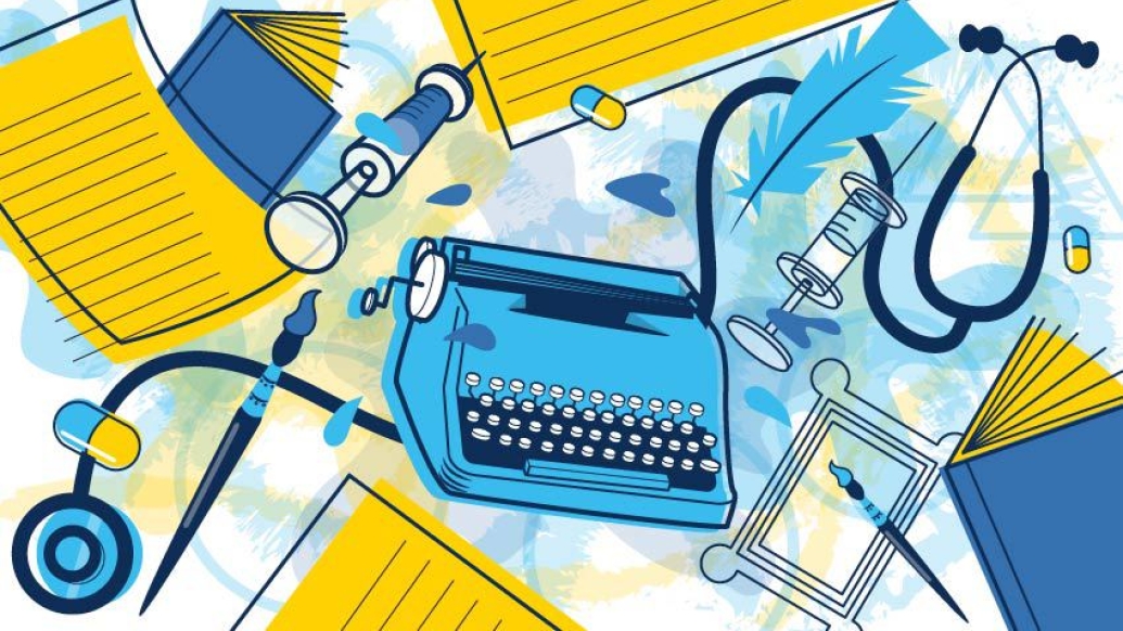 typerwriter books pills arts paint brush floating around in blues and yellow