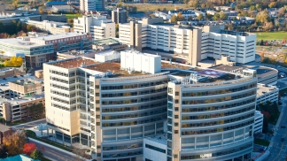 Aerial view of C.S. Mott Children's Hospital and Von Voigtlander Women's Hospital