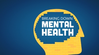 Breaking Down Mental Health on blue background and text inside a yellow head graphic