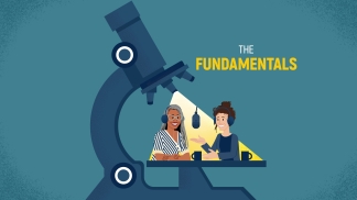 The Fundamentals with hosts Kelly Malcom and Jordan Goebig sitting on a microscope stage under a spotlight from the objective lenses.