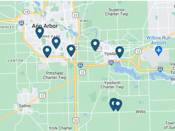 Map of Washtenaw County with RAHS locations pinpointed