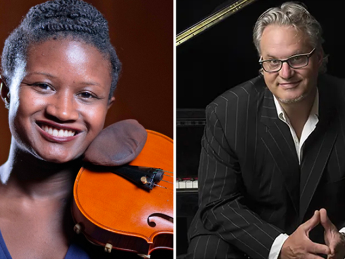 diverse violinist and white man smiling