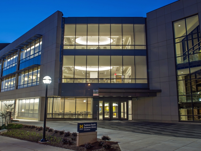 Evening view of the Taubman Health Sciences Library building