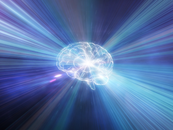 human brain with glowing purple blue lights out of brain