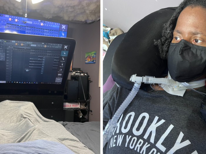 Patient with mask on in hospital with computers