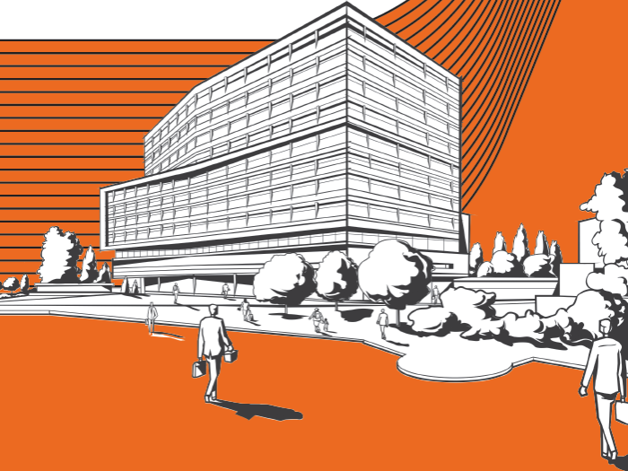 Black and white illustration of the exterior of the D. Dan and Betty Kahn Health Care Pavilion.