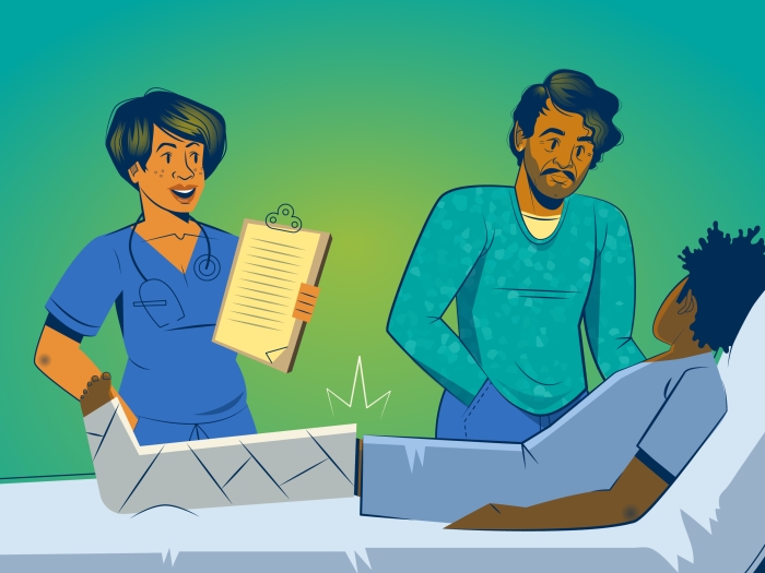 doctor talking and parent standing by child in hospital bed