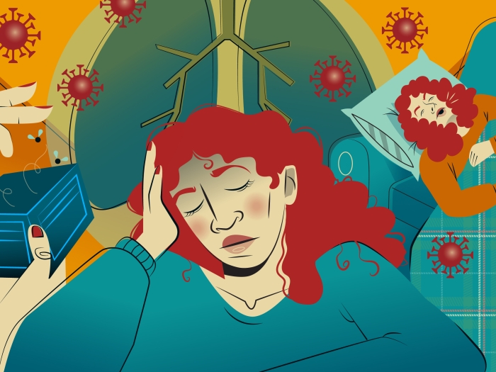 Women holding head in bed ill lung covid cells floating