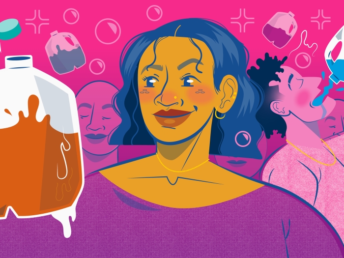 woman holding jug purple pink drinking behind her