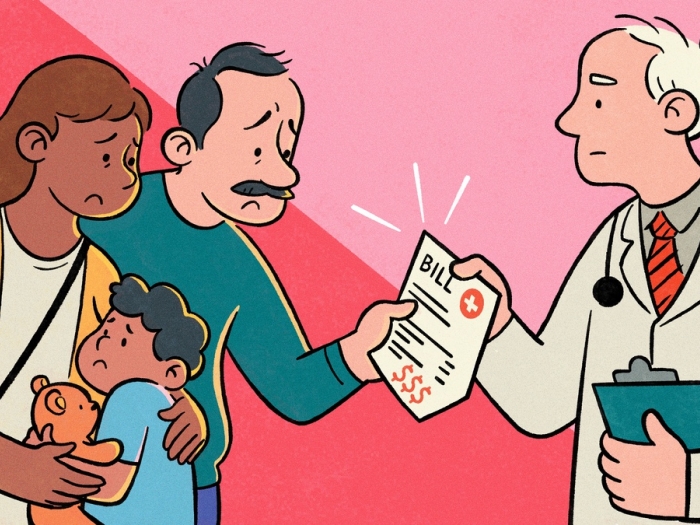 couple with kid and medical bill with doctor
