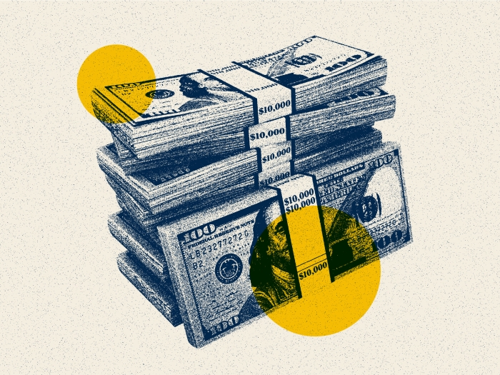 cash stack yellow blue