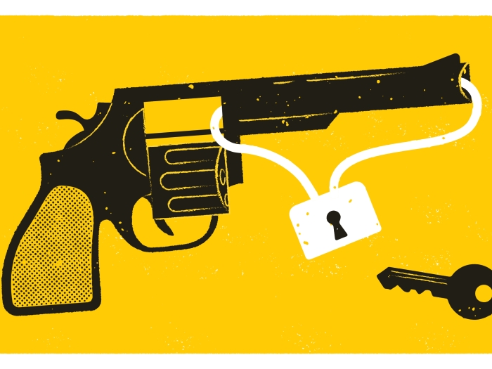 gun with lock on it with key there gun is in black and background yellow and lock is white