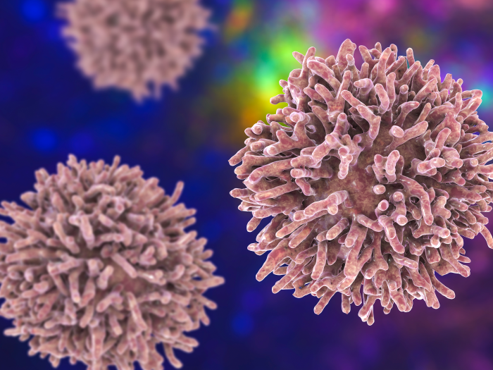 thyroid light purple cells floating dark purple blue green faded out background