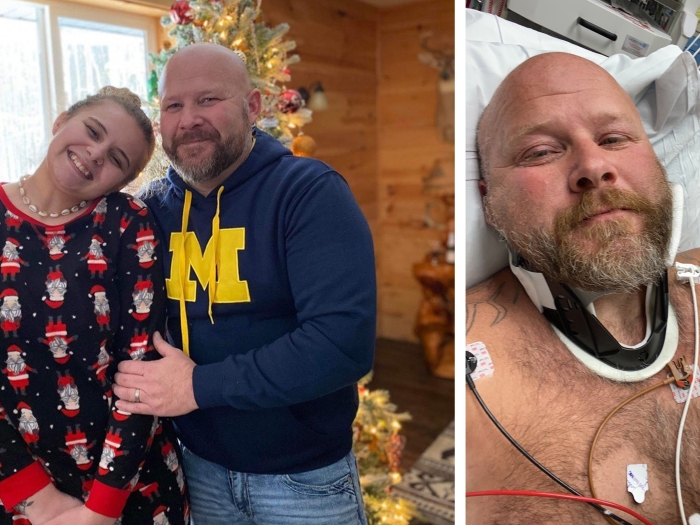 daughter and dad smiling and selfie in bed