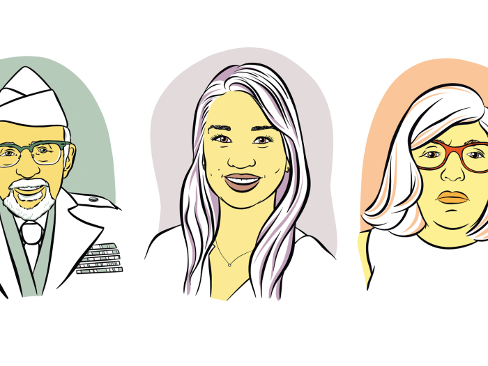 Colorful illustrations of three people: a man in a military uniform, a woman in a doctor's white coat, and a woman wearing glasses