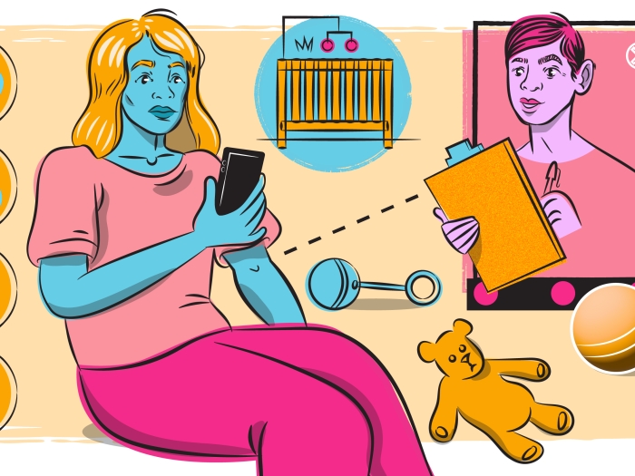 woman sitting and using cell pill crib teddy bear blue pink 