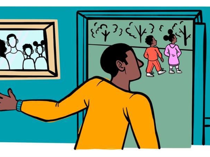 parent looking at kids outside graphic walking alone