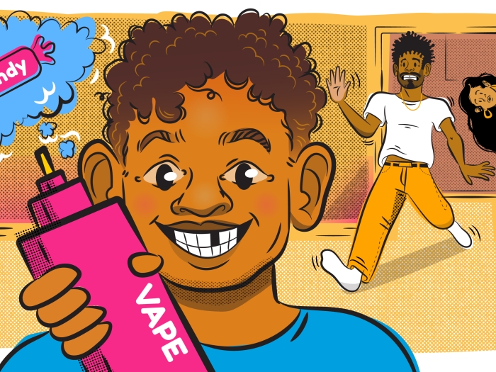 Chlld holding vape container parent coming into room