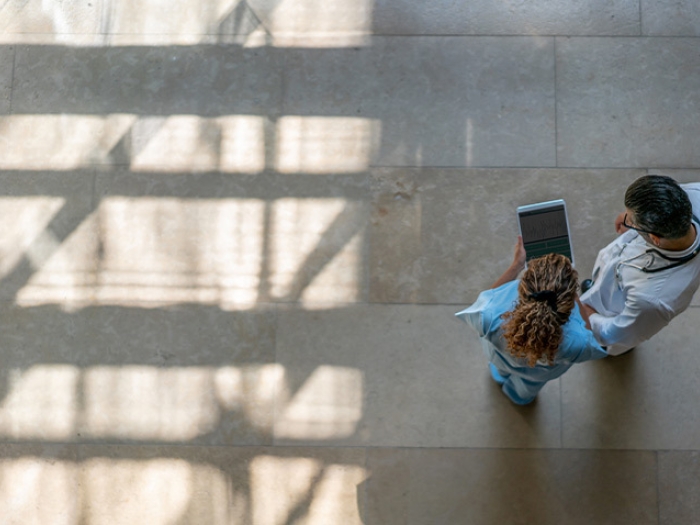 aerial view of doctor nurse tablet 