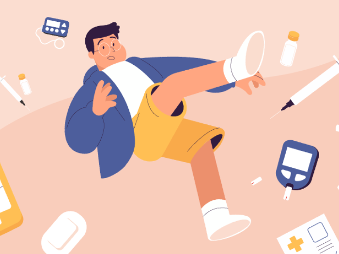 boy falling in air with pink background of glucometer and syringes