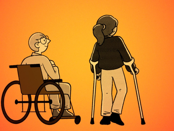 two people one with wheelchair one with walking canes orange background see back of them 