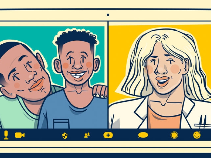 Doctor parent kid talking virtually on laptop character drawing