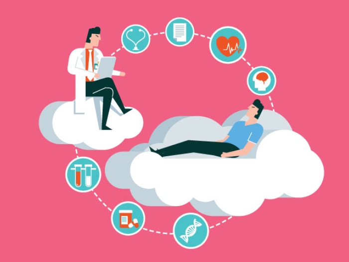 Doctor and patient floating on clouds surrounded by icons relating to heart.