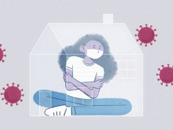 Girl sitting on floor with legs and arms crossed wearing a mask, in a glass house, purple virus' floating around, lavender background