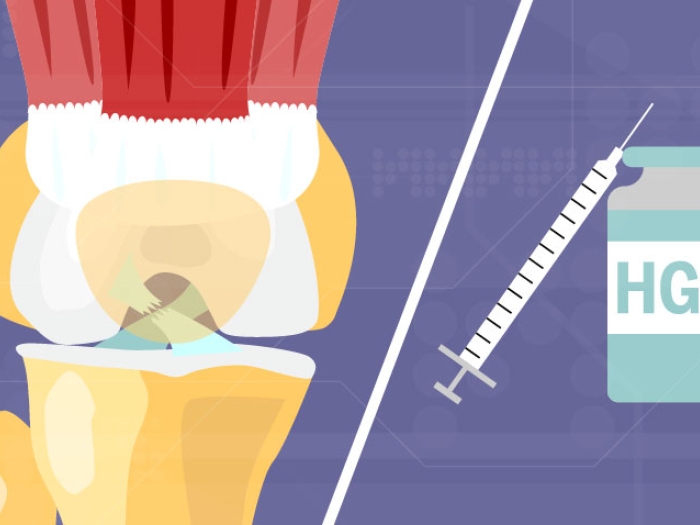inside of a knee with HGH bottle and needle