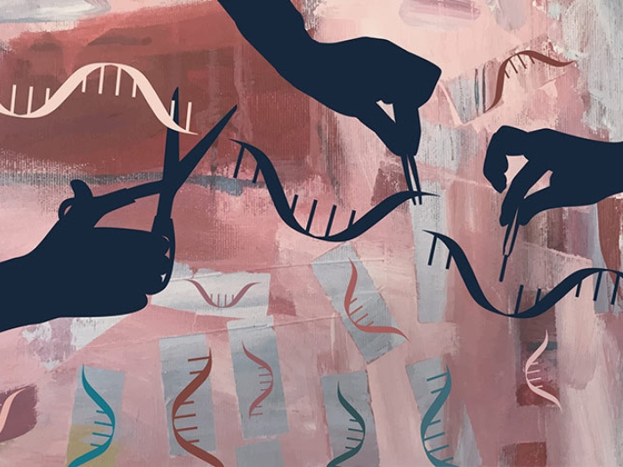 hands cutting and tweezing at a dna strip blue pink colors background