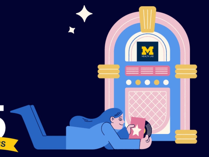 Girl on blue background with record and pink jukebox